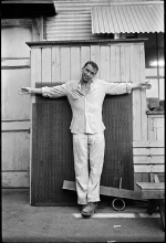 A personal gag photo requested by Sinatra while filming The Devil at 4 O'Clock in Hawaii, 1960. Sinatra had been having trouble with the director Mervyn LeRoy.  
“That S.O.B would love to see me crucified”.
When Sinatra presented it to LeRoy he said “Now you got me where you want me”. LeRoy had the picture hung in office where it remained for years.