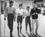 Sidney Poiter, Tony Curtis, Sammy Davis, Jr., and Jack Lemmon on the lot of Goldwyn Studios, 1959
